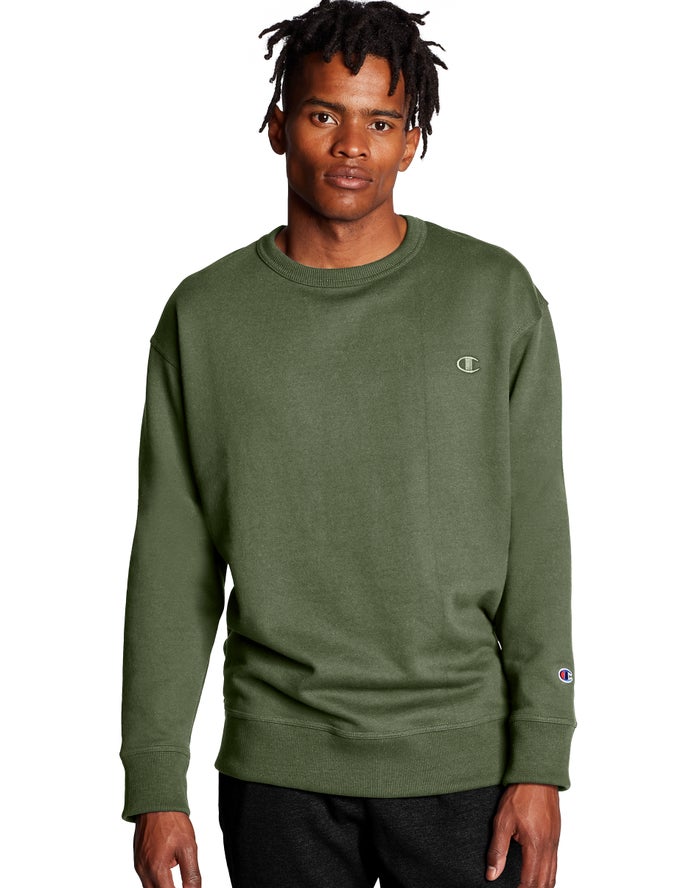 Champion Mens Sweatshirt NZ - Powerblend Fleece Crew C Logo Olive ( 9258-JQVKC )